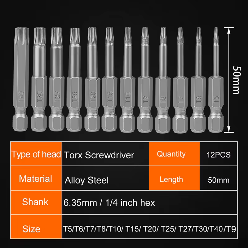 12 pièces embouts à tête Torx 50mm de Long