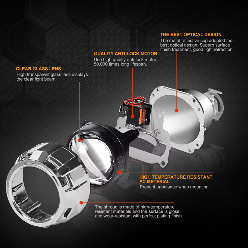 RACBOX 2 pièces 2.5 pouces universel Bi Xenon HID projecteur lentille argent noir Shroud H1