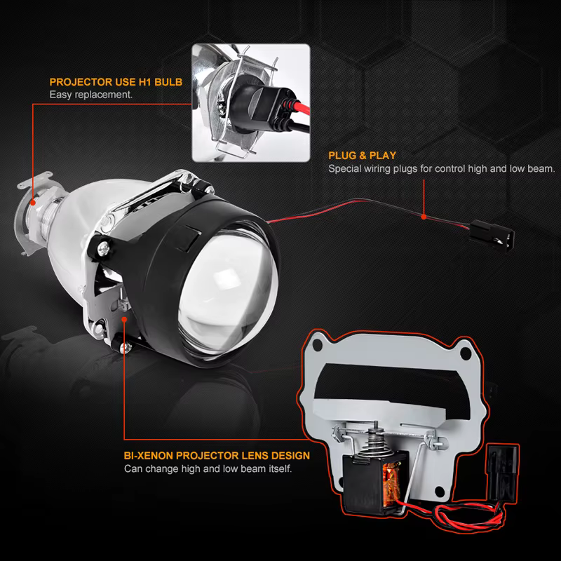 RACBOX 2 pièces 2.5 pouces universel Bi Xenon HID projecteur lentille argent noir Shroud H1