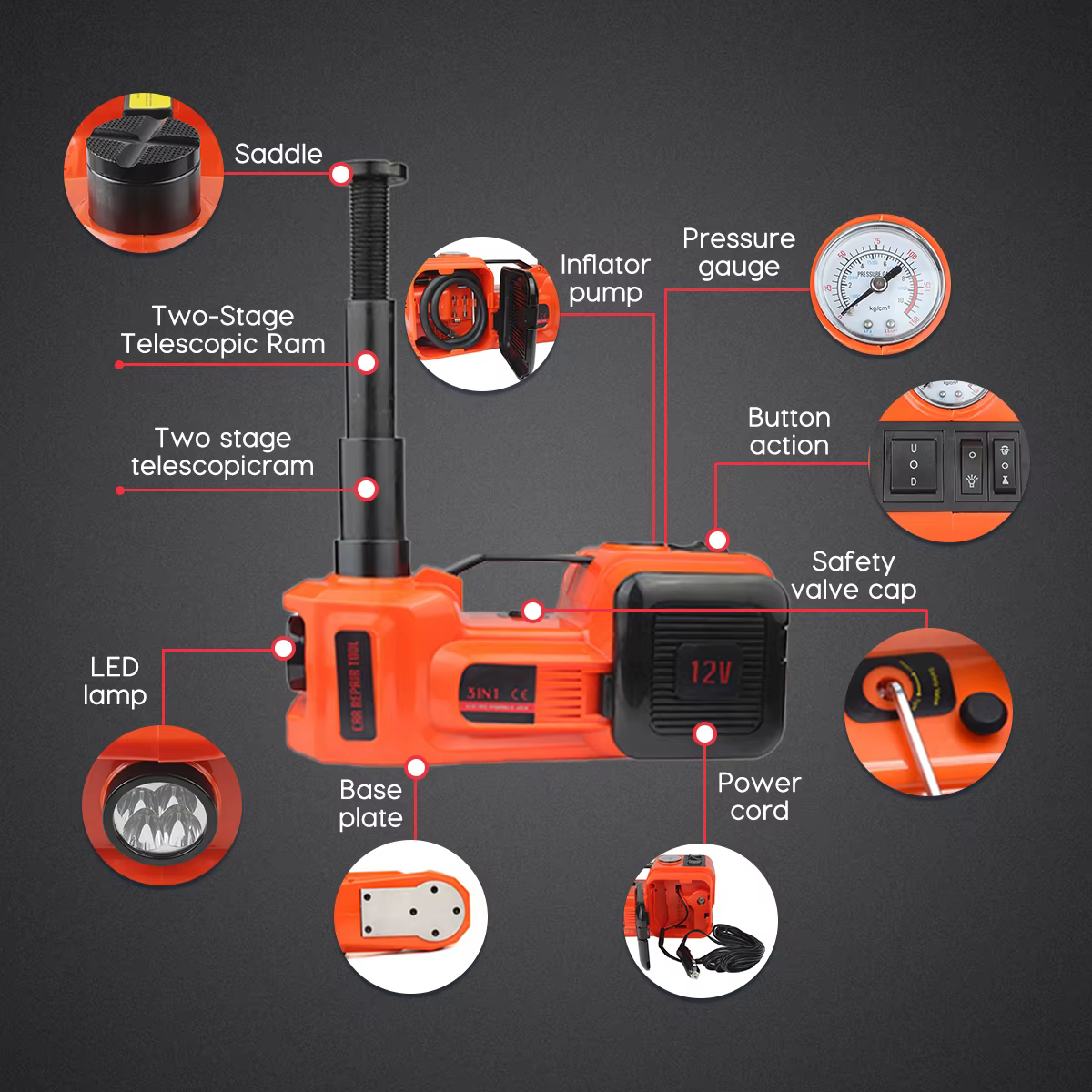 LUTIFIX cric de voiture électrique 12V 5T 45cm 3 en 1