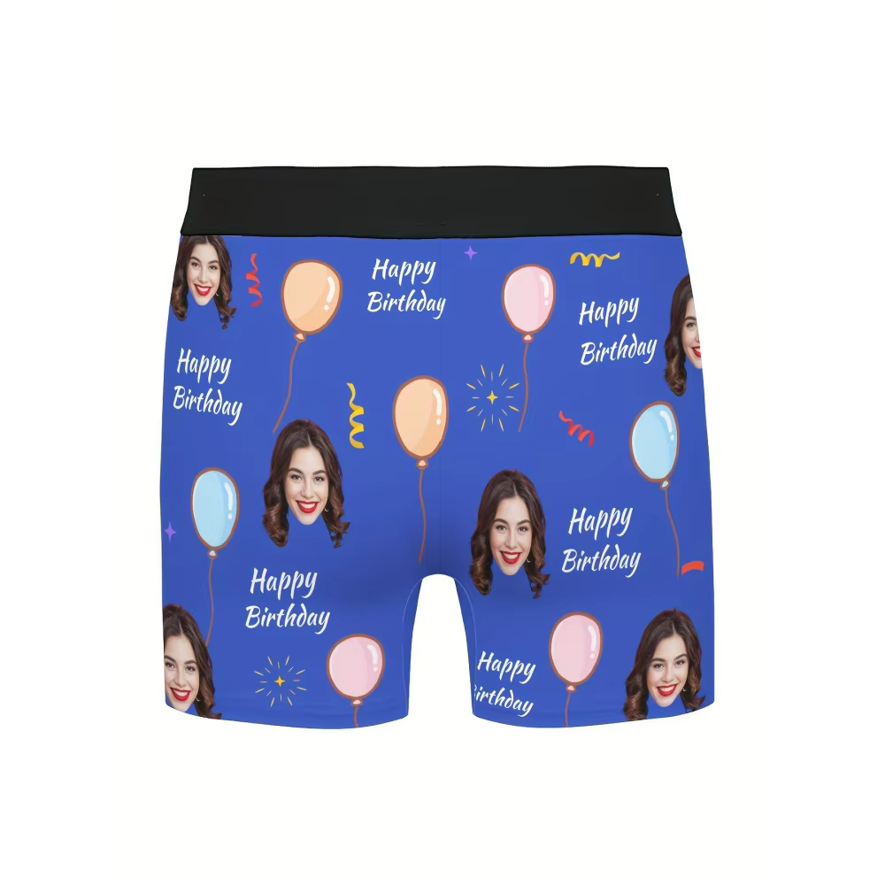 Boxer personnalisé avec photo pour homme, sous-vêtements imprimés avec ballons joyeux anniversaire, cadeau surprise amusant pour mari