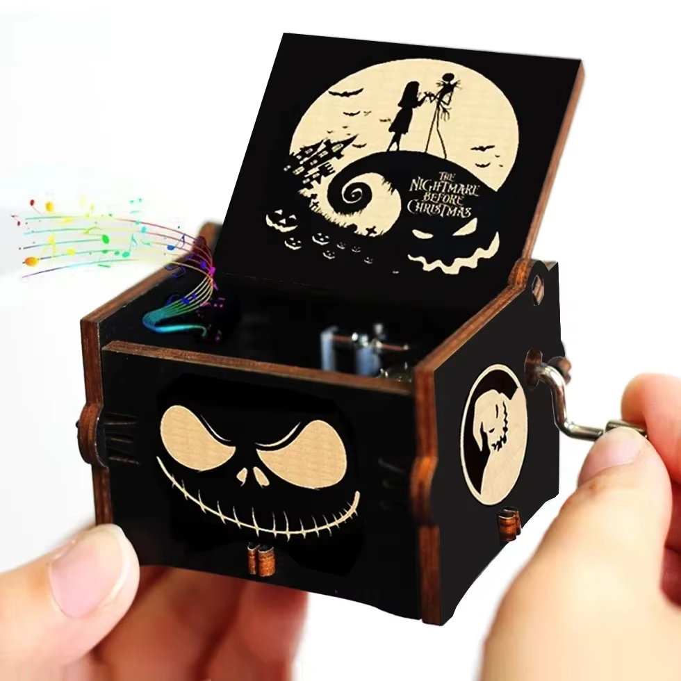 Boîte à musique à manivelle en bois pour Halloween