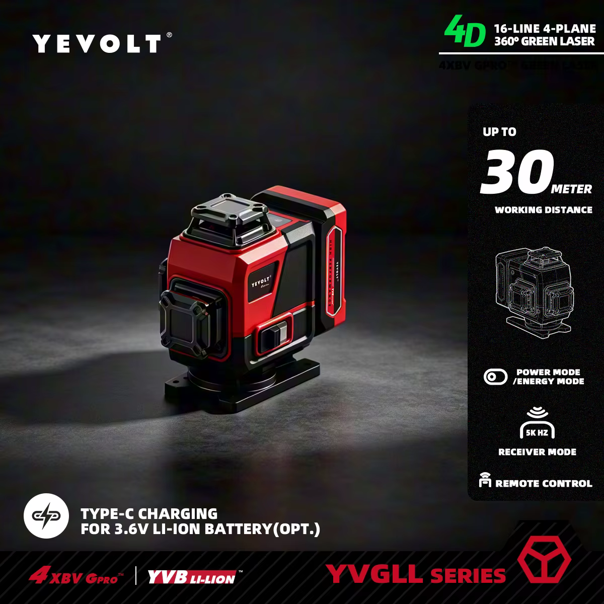 Niveau laser vert YEVOLT 4D 16 lignes