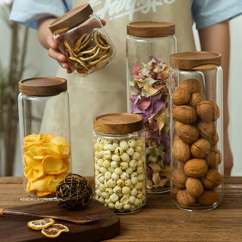 Couvercle en bois verre hermétique bidon cuisine bouteilles de stockage pots récipient alimentaire Grains thé café