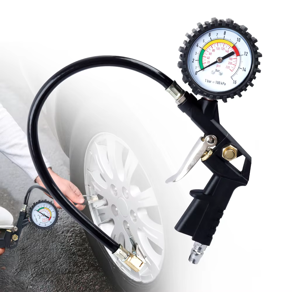 Manomètre de pression des pneus 0-16 bar avec tuyau en caoutchouc épais, alimenté par compresseur d'air, cadran haute précision, pompes de gonflage, petit et durable, pour voiture/SUV/moto/vélo/remorq