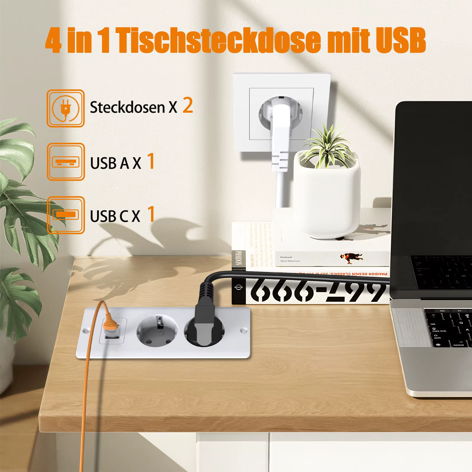 Prises encastrées sur Table ue, 1 USB-A et 1 type-c, prise de courant cachée de bureau intégrée avec rallonge de 2M pour bureau et cuisine