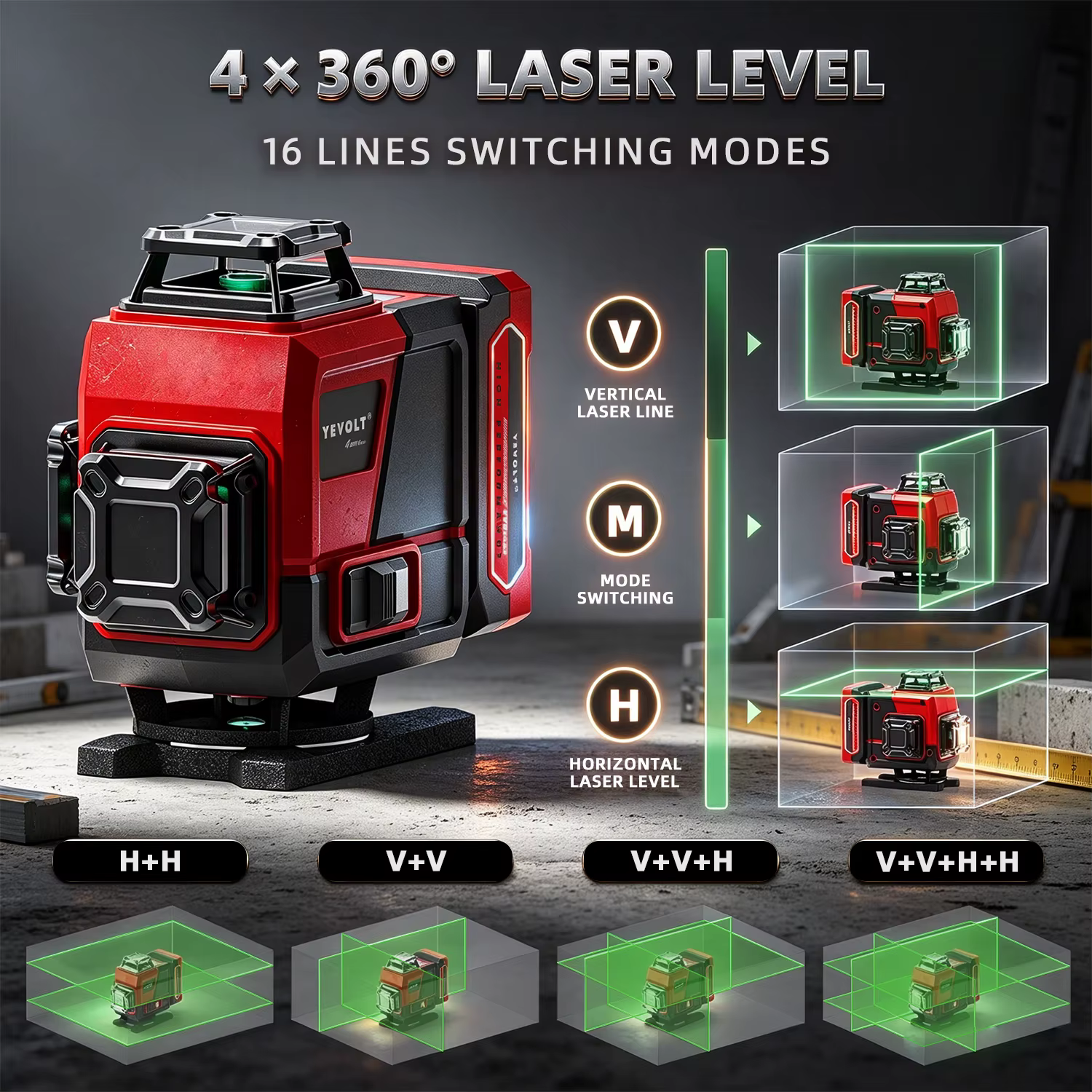 Niveau laser vert YEVOLT 4D 16 lignes