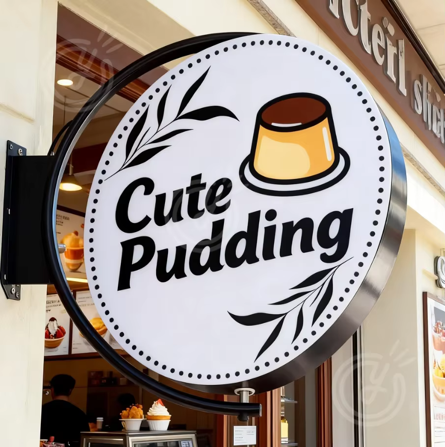 Boîte lumineuse extérieure rotative à 360° personnalisée, logo d'entreprise LED personnalisé, publicité éclairée double face, boîte lumineuse mignonne en forme de pudding