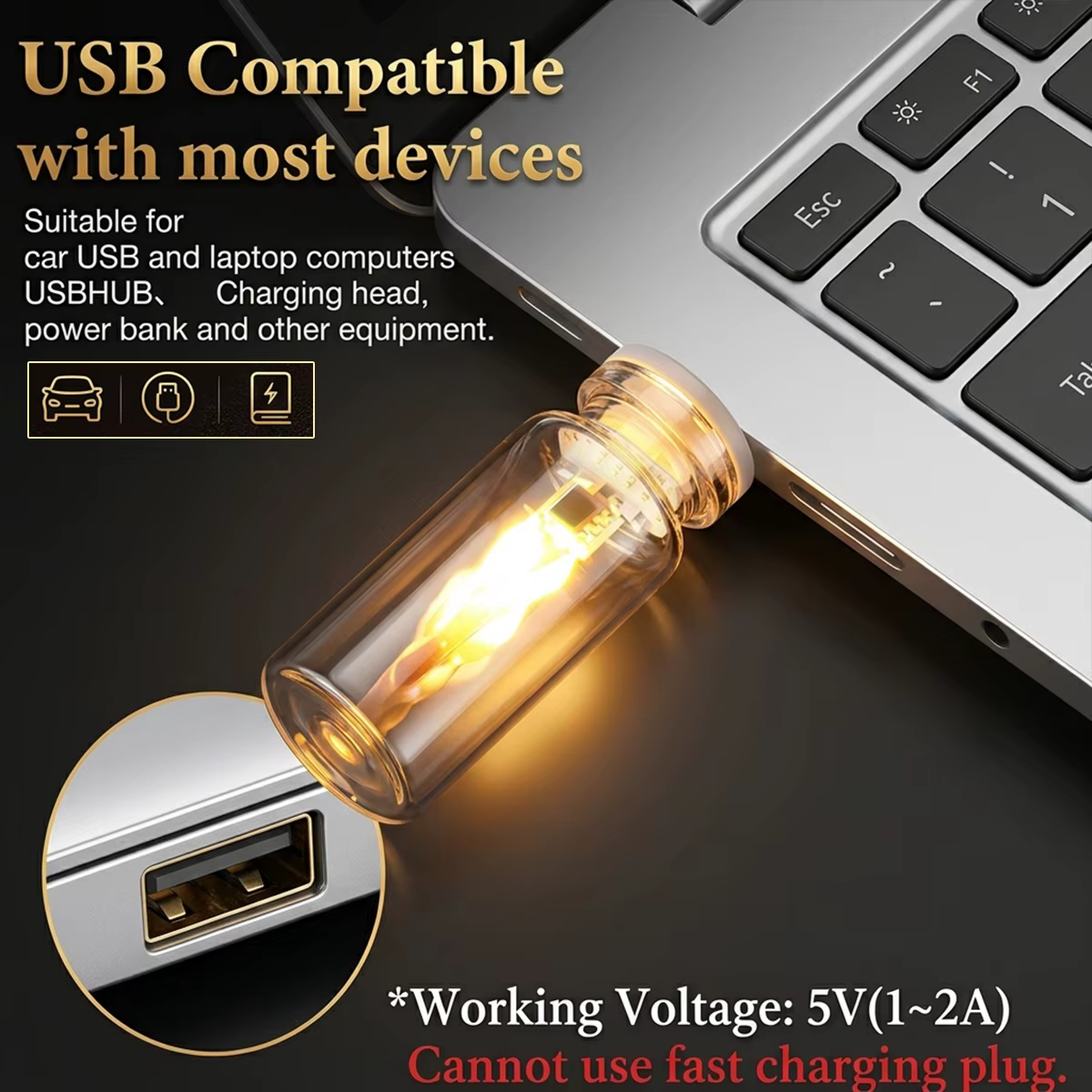 Lampe de nuit LED USB à flamme vacillante en verre dépoli transparent