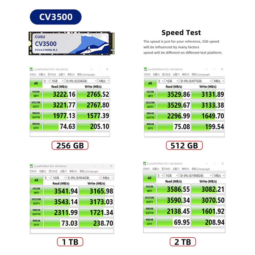 CUSU SSD 512 go 1 to 2 to M.2 2280 SSD NVMe M2 PCIe 3.0/4.0 disque dur interne pour ordinateur portable