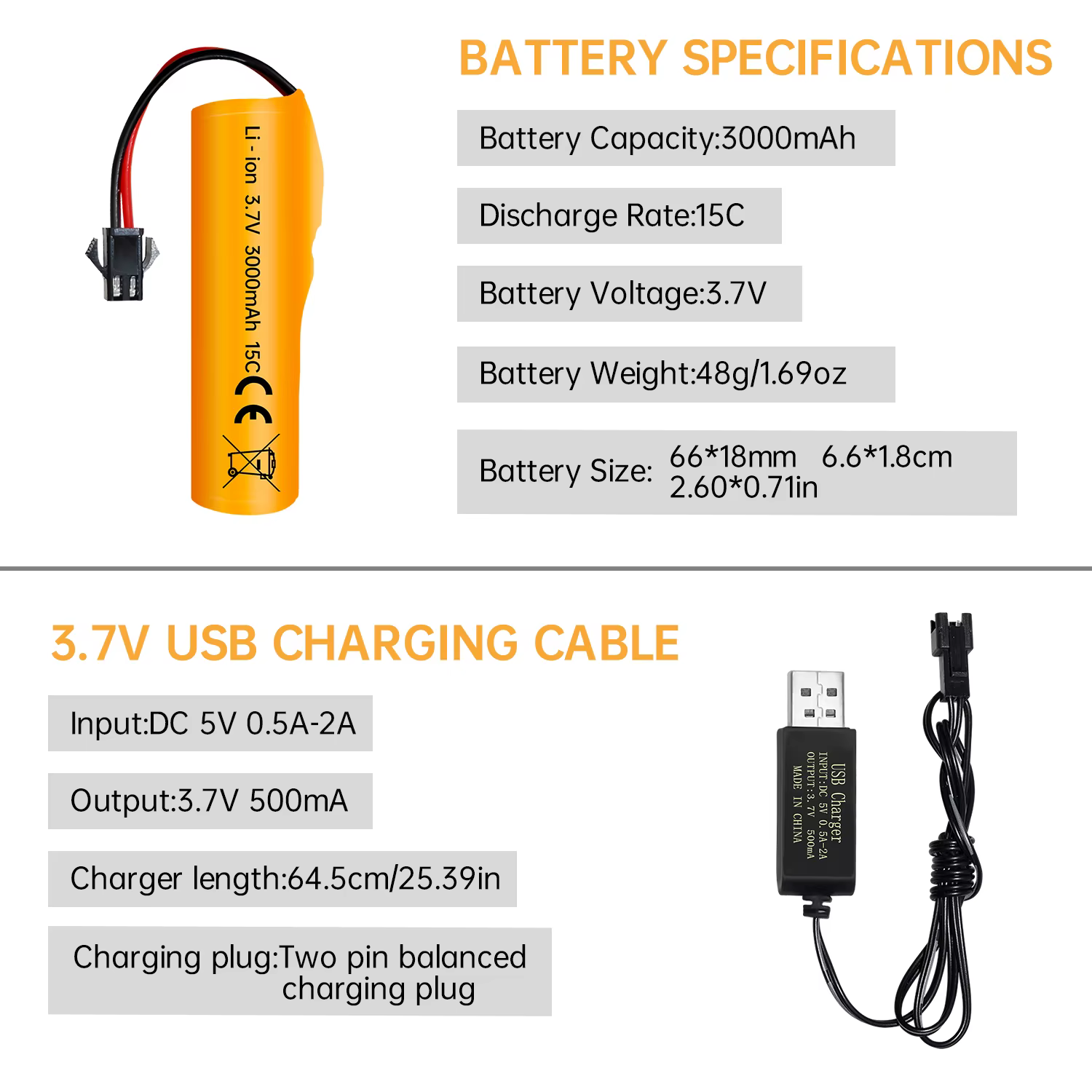 2 batteries Li-ion 3.7V 3000mAh avec prise SM-2P et USB pour voiture RC DE42 DE44 DE45 DE68
