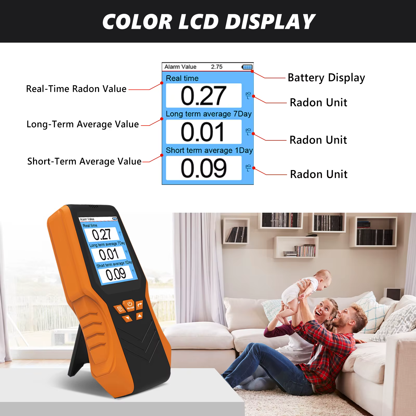 Détecteur de Radon Portable, testeur de gaz Radon 0.1-1750 pCi/L, résultats rapides et précis pour la surveillance domestique et de l'environnement