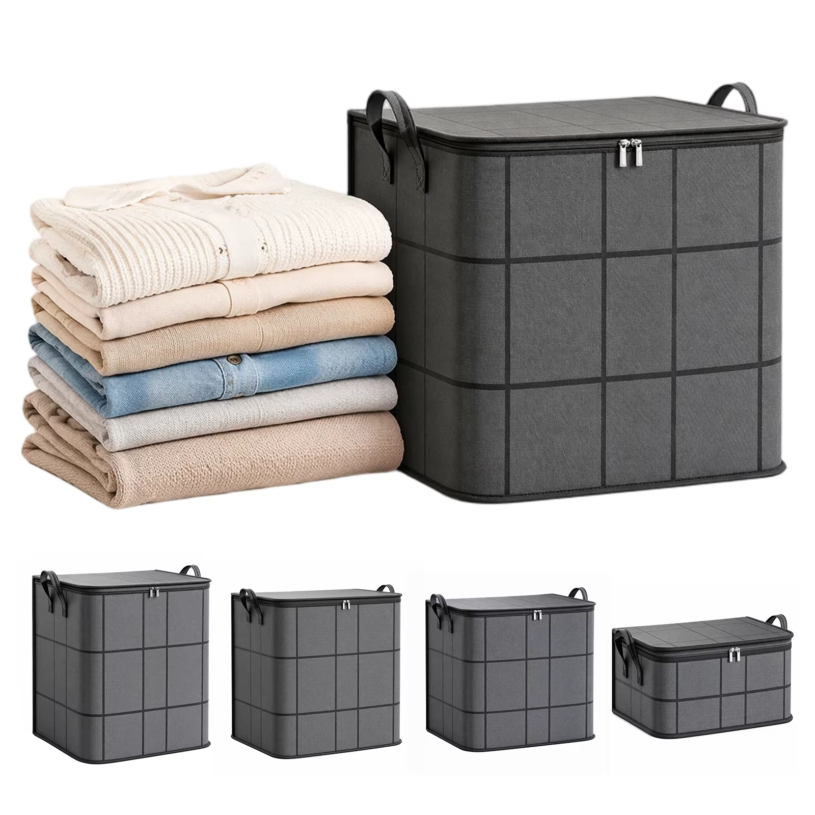 Organisateur de placard pliable en tissu avec fermeture éclair et poignée, grande capacité pour vêtements, linge, déménagement et voyage