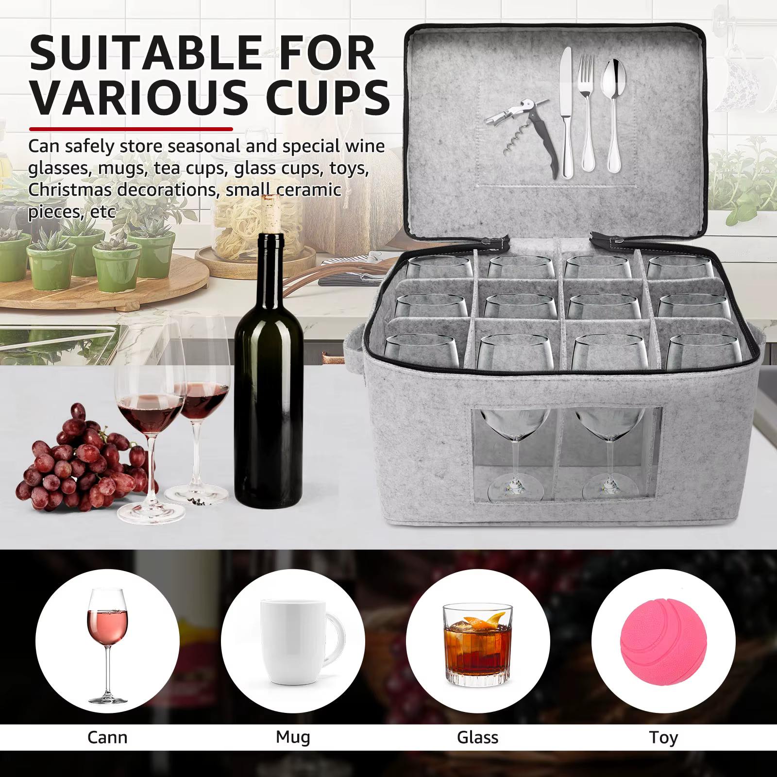 Boîte à verres à vin à 12 grilles, pliable, Portable, empilable, en feutre, organisateur de tasses à vin, peut contenir pour tasse, tasse à thé, petite pièce en céramique