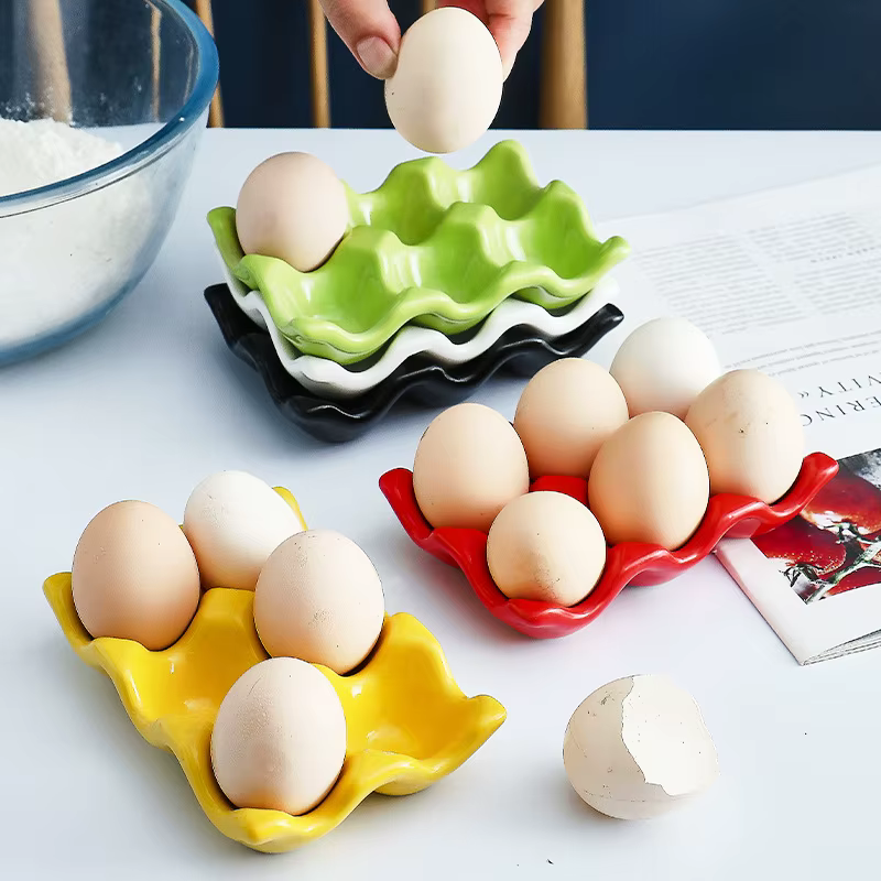 Étagère à œufs en céramique à 6 grilles de couleur crème