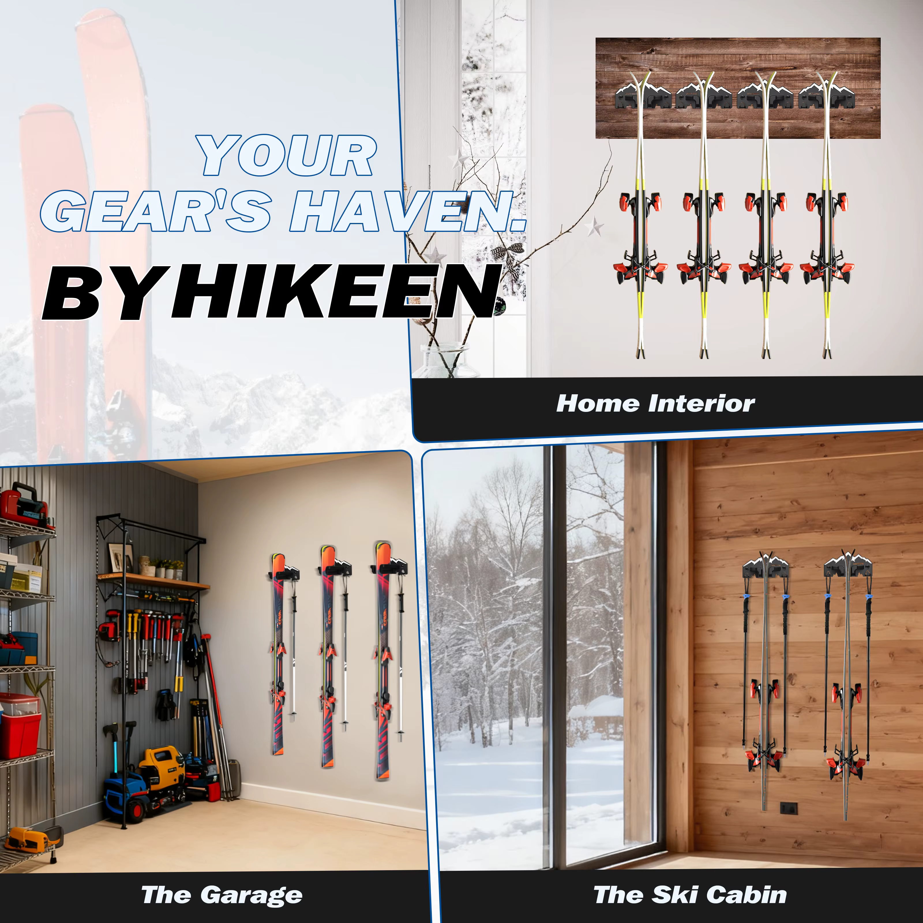 Support mural pour skis Hikeen, support mural pour le rangement des skis dans le garage, convient à tous les skis, organisation du garage, support mural durable pour l'affichage des skis