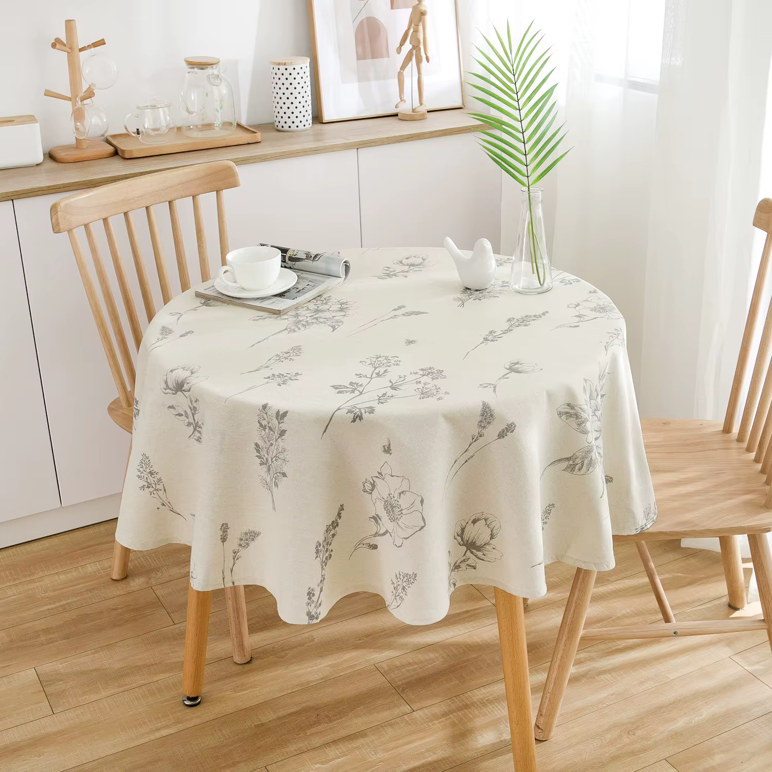 Nappe Ronde en Coton et Lin à Imprimé Botanique Naturel – Housse de Table Décorative pour Cuisine