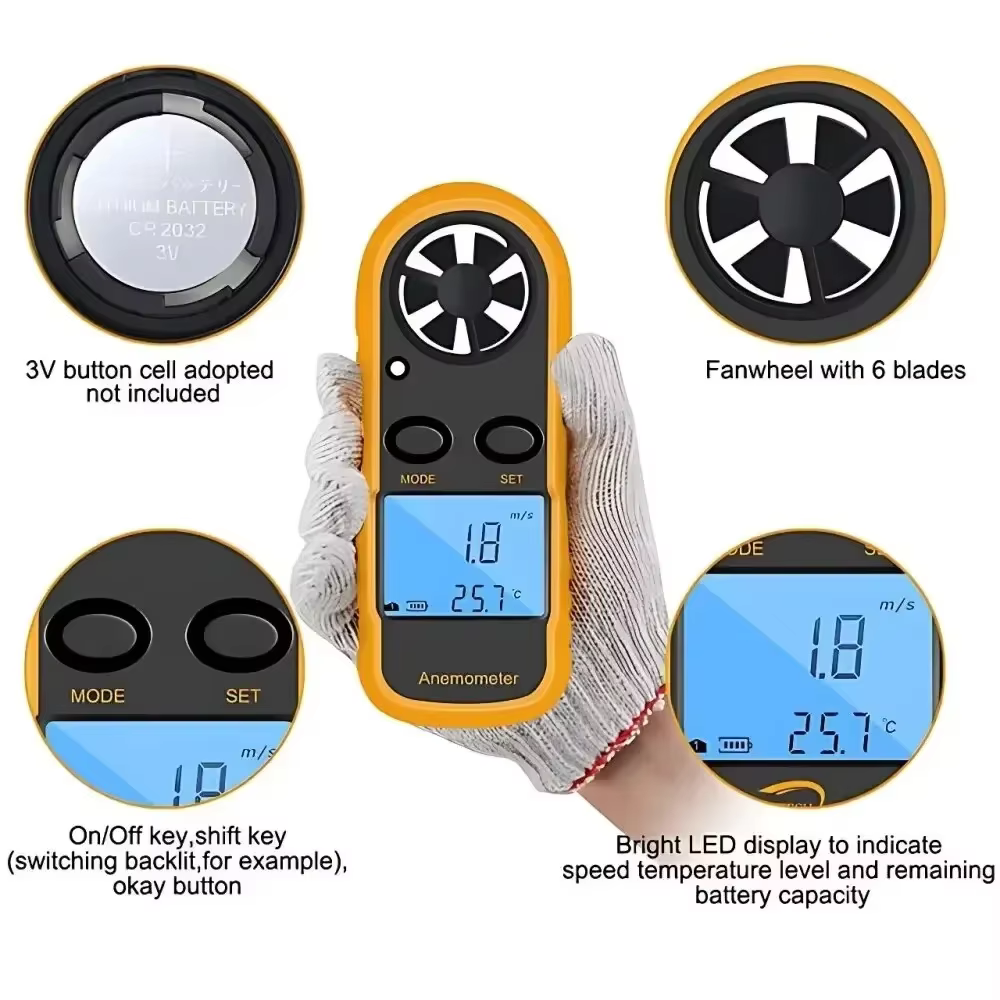 Anémomètre numérique LCD portable, mesureur de vitesse du vent, jauge de température pour la navigation, les drones, le HVAC, les tests industriels en extérieur