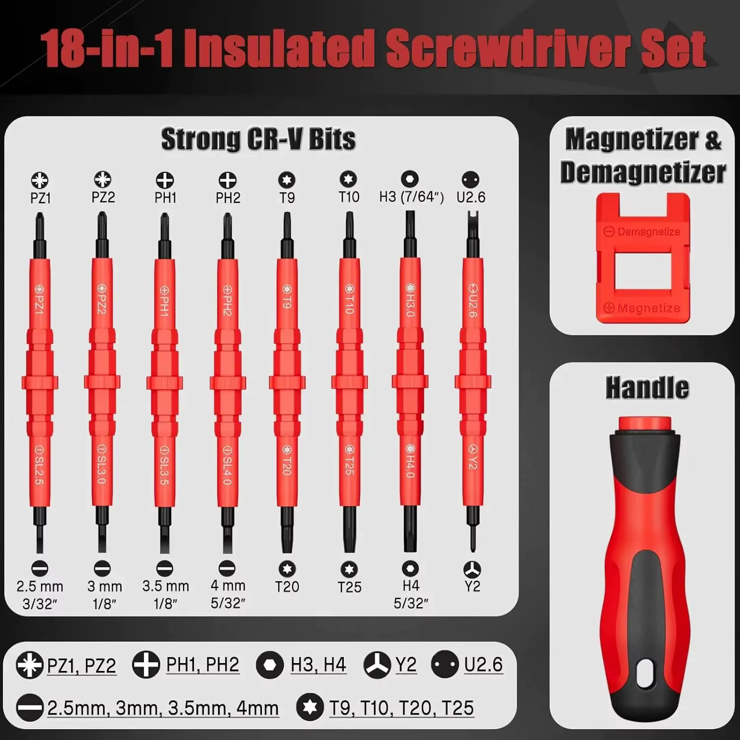Insulated Screwdriver Set 18-in-1 with Case Electrician Special Set Flat Head torx