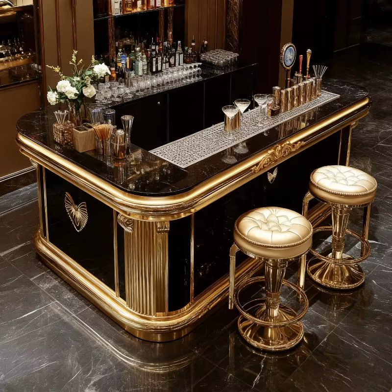 Bar moderne haut de gamme en acier inoxydable, comptoirs en marbre, design autoportant, adapté aux bars et aux hôtels, personnalisable