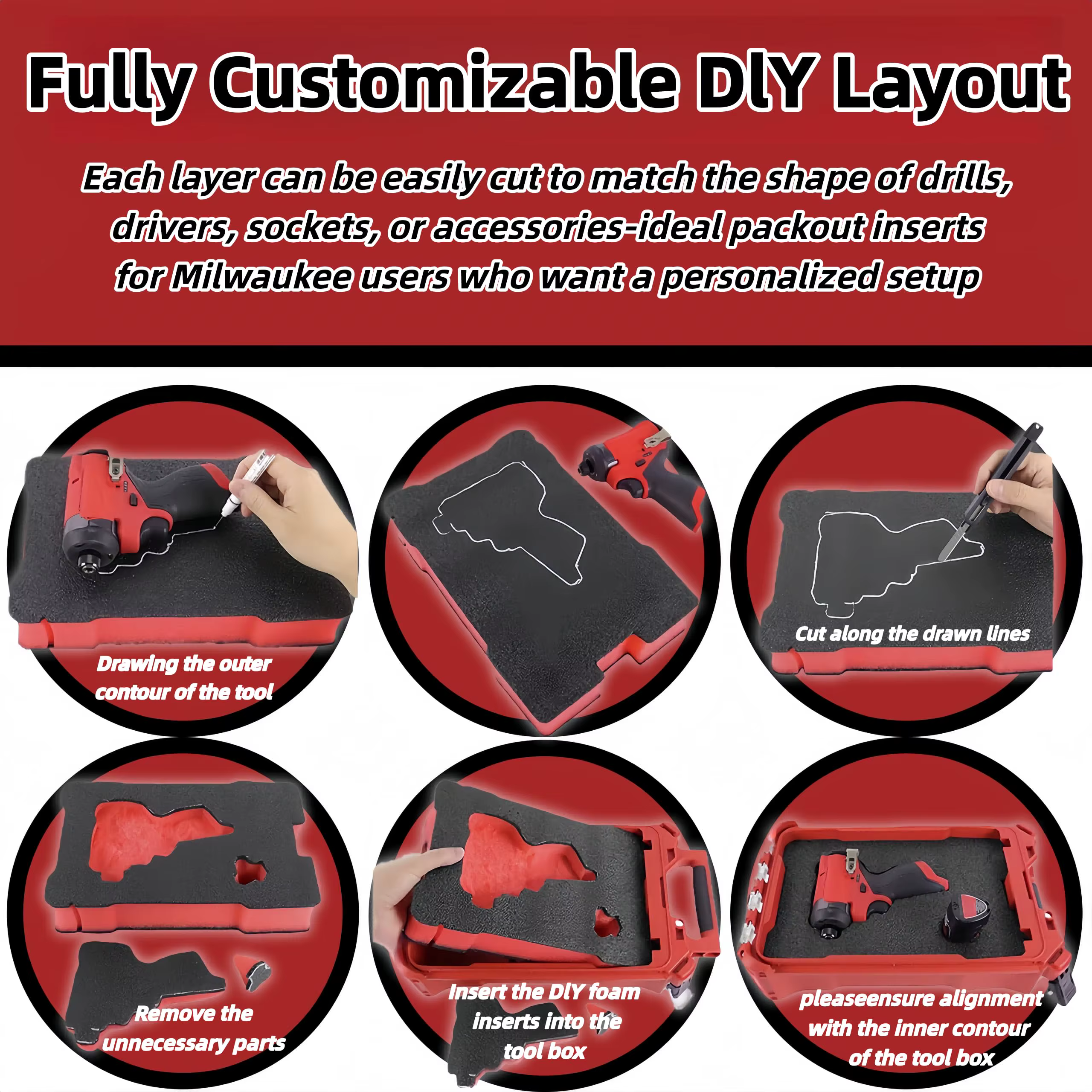Kit d'inserts en mousse pour boîte à outils Milwaukee Packout