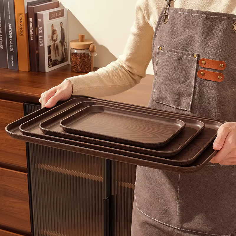 Plateau de service rectangulaire en plastique grain de bois, assiette de rangement polyvalente pour usage domestique et commercial, pour tasses d'eau, gâteaux et desserts