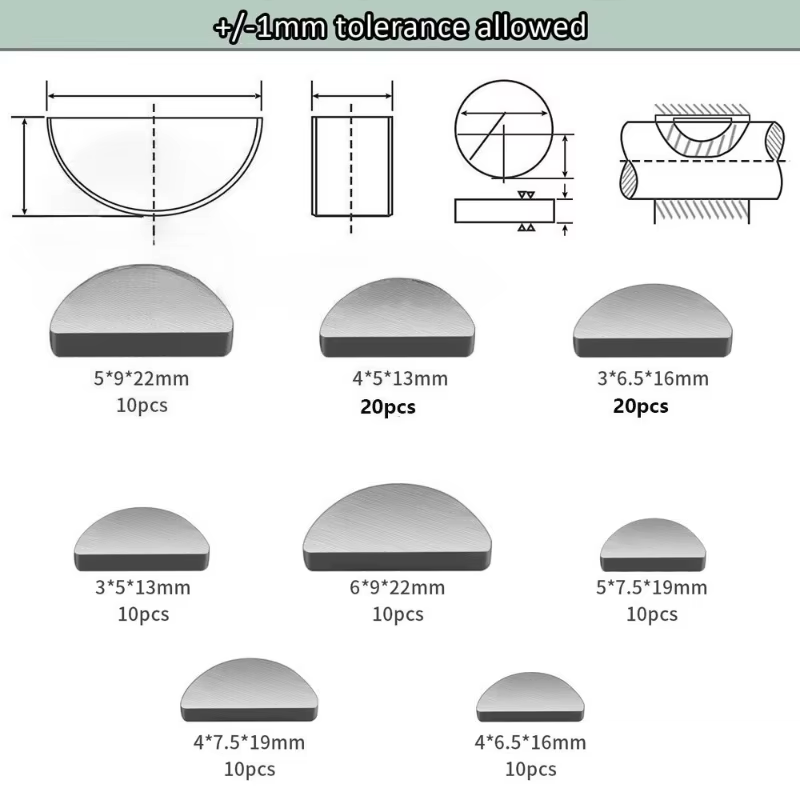 100 pièces 3-6mm clés Woodruff demi-lune