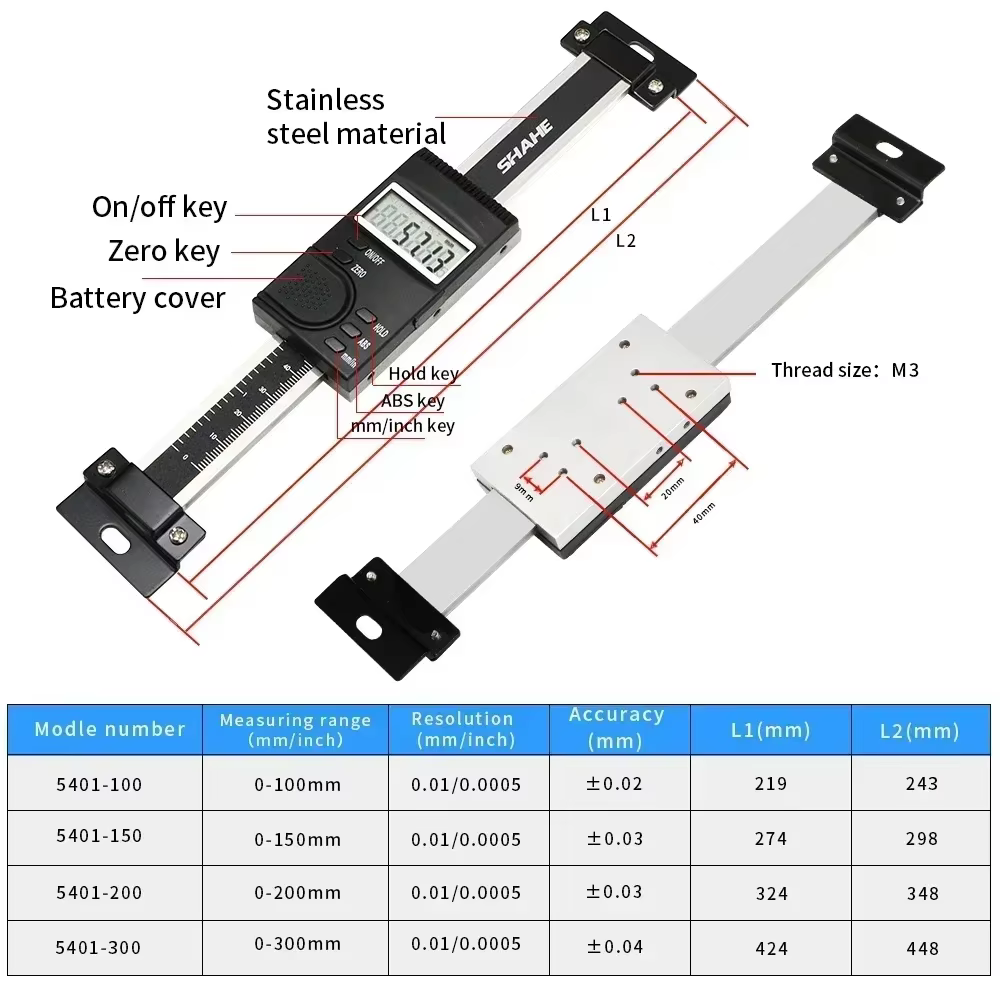 SHAHE 100/150/200/300 MM Étrier numérique vertical en acier inoxydable avec écran LCD – Outil de mesure