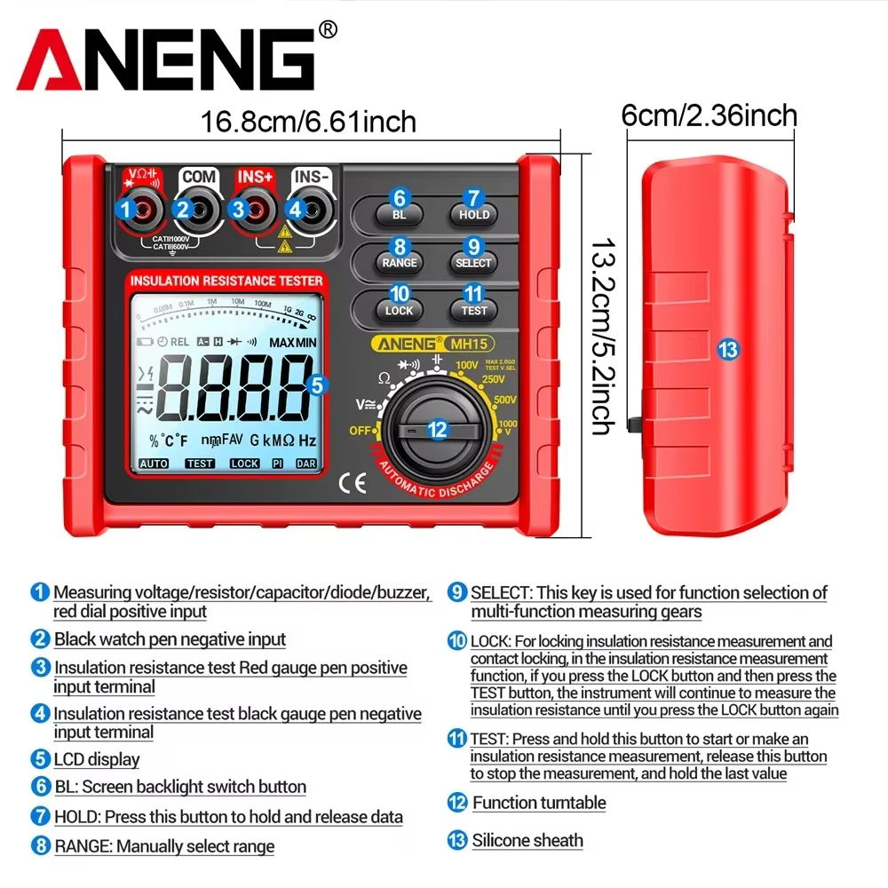 Testeur de résistance d'isolement haute précision avec alerte de batterie faible et décharge automatique pour la maintenance de circuits - Compteur électricien ANENG MH15