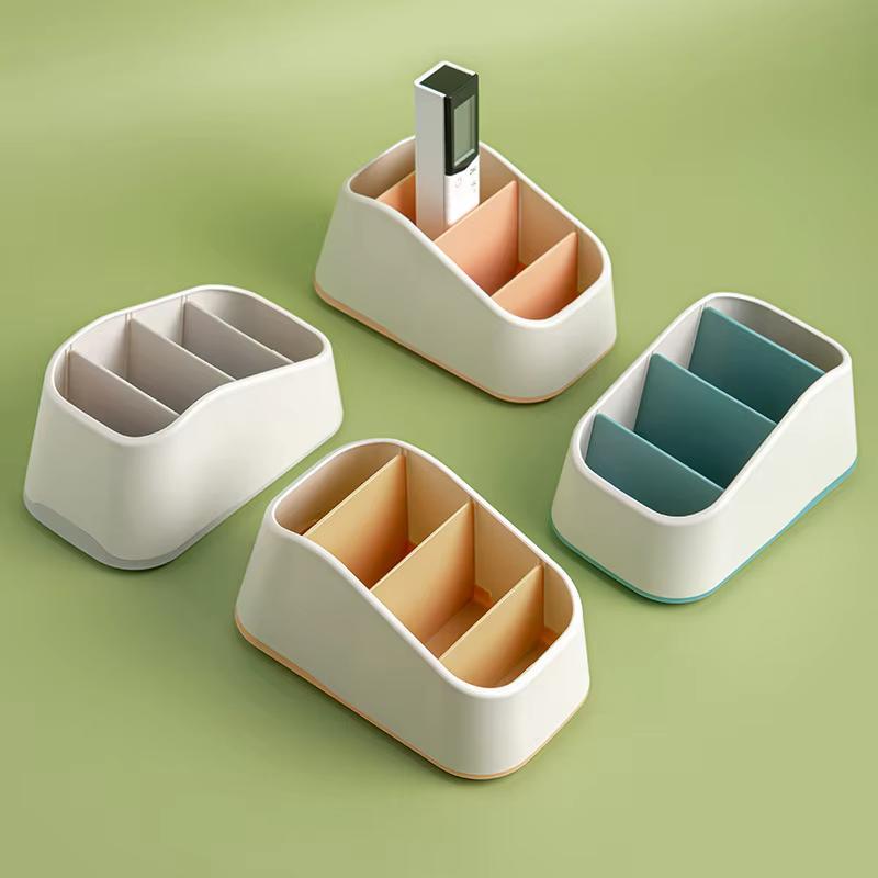 Support de télécommande, boîte de rangement de bureau à 4 fentes, panier trapézoïdal pour télécommande TV, étui de rangement de papeterie pour maison et hôtel