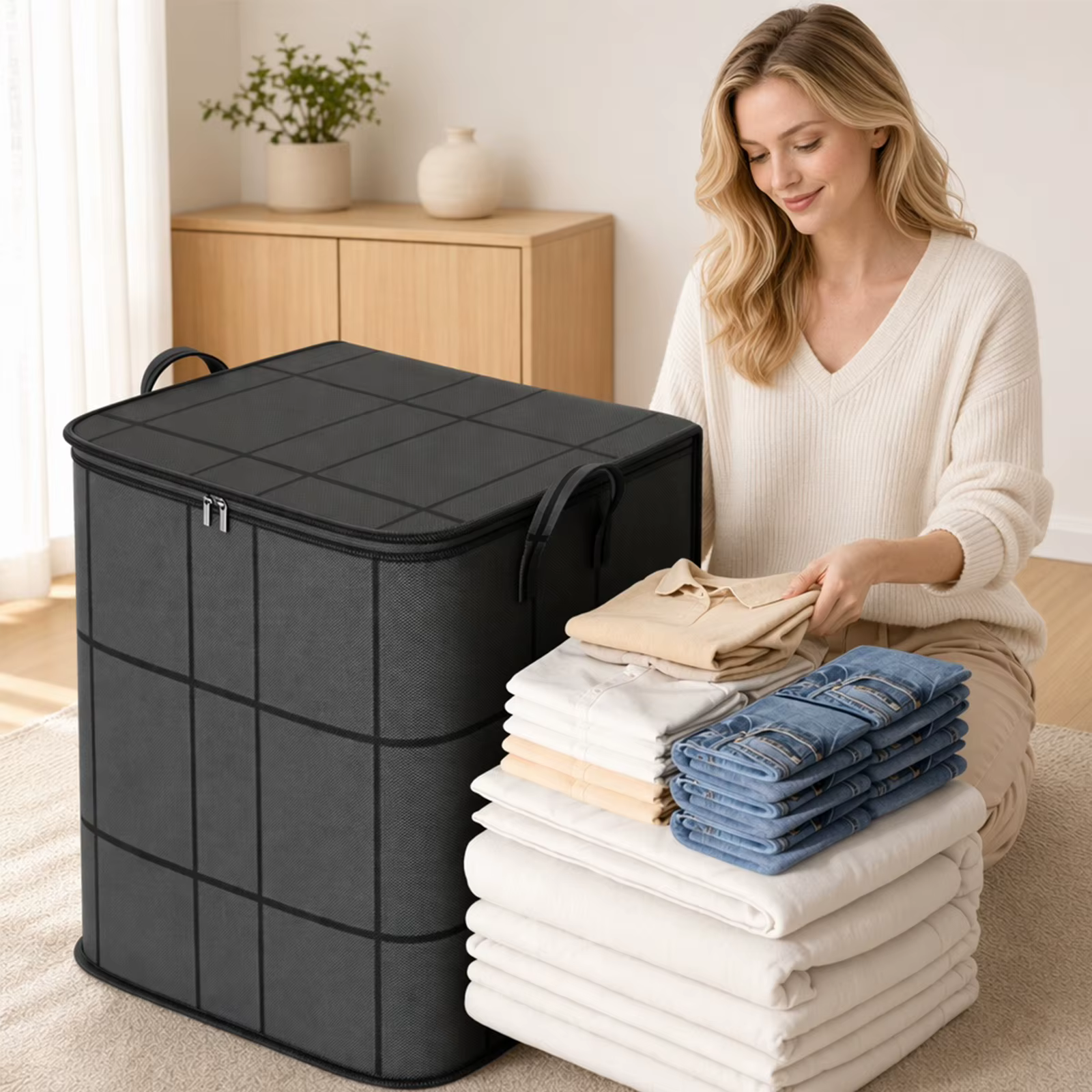 Organisateur de placard pliable en tissu avec fermeture éclair et poignée, grande capacité pour vêtements, linge, déménagement et voyage