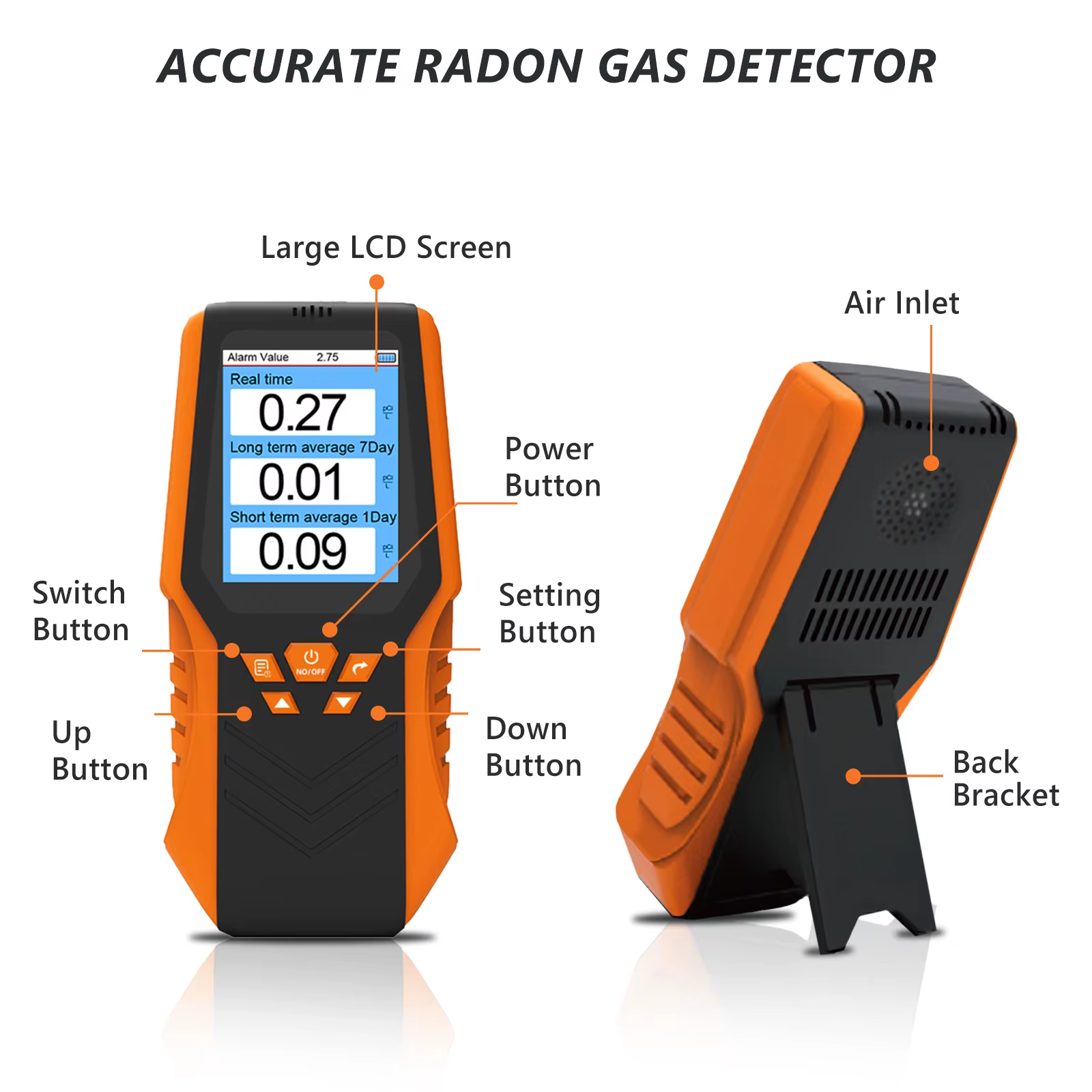 Détecteur de Radon Portable, testeur de gaz Radon 0.1-1750 pCi/L, résultats rapides et précis pour la surveillance domestique et de l'environnement