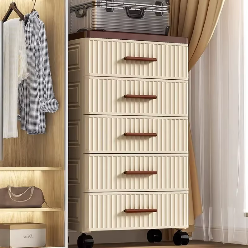 Armoire de rangement haute en plastique avec tiroirs, unité d'organisation sur pied pour chambre et salon, commode moderne multi-niveaux avec roulettes