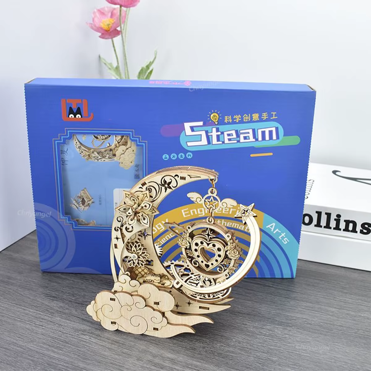 Puzzle en bois 3D, boîte à musique lune et étoile