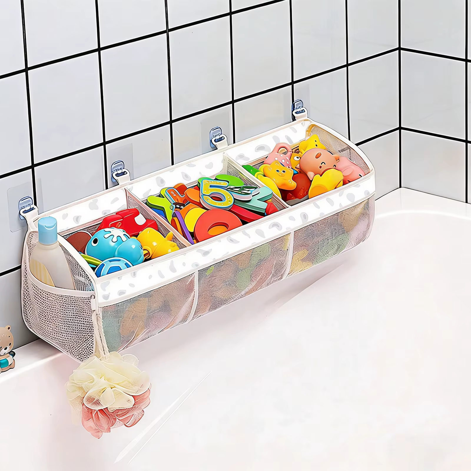 2 styles de sacs de rangement pour jouets de salle de bain avec 4 crochets, sac de rangement mural de grande capacité, organisateur d'accessoires de salle de bain