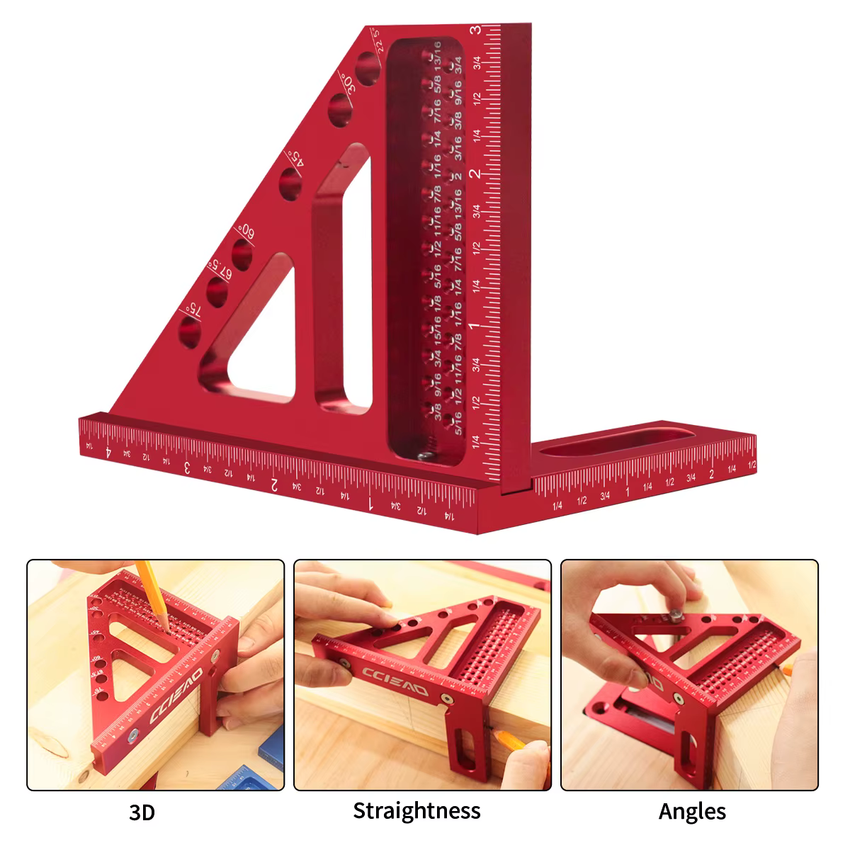 Règle de mesure multi-angles 3D - Métrique et impérial - Équerre rapporteur en alliage d'aluminium 45/90 degrés pour le travail du bois et les ingénieurs