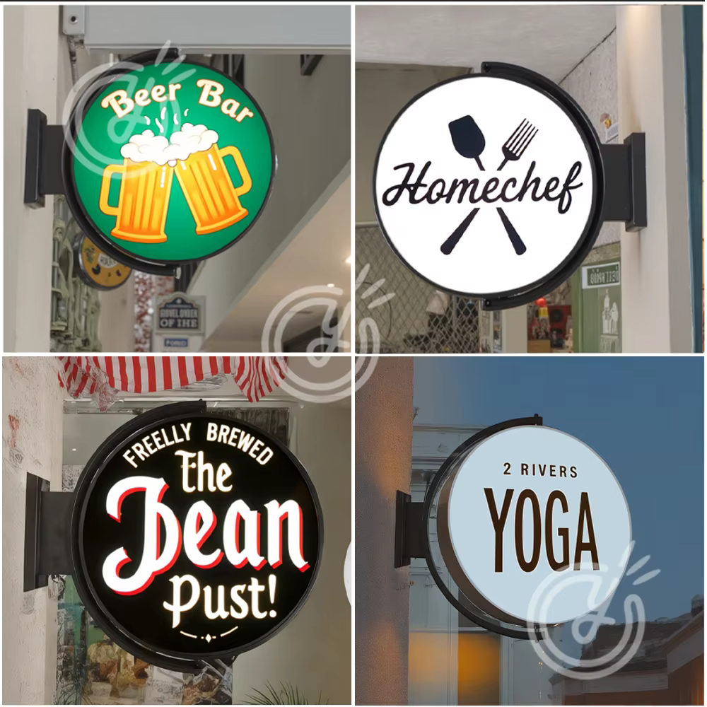 Boîte lumineuse extérieure rotative à 360° personnalisée, logo d'entreprise LED personnalisé, publicité éclairée double face, boîte lumineuse mignonne en forme de pudding