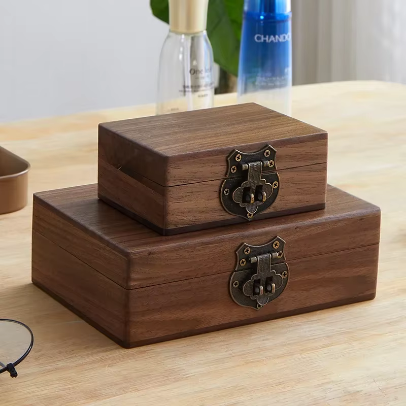Boîtes de rangement en noyer noir, rangement de bureau rétro avec serrure, bijoux et débris ménagers, boîte de rangement en bois massif