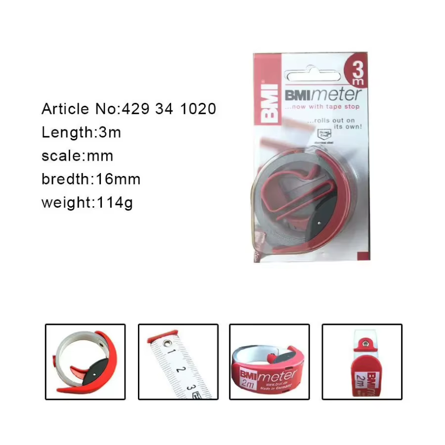 Mètre Ruban Auto-Rétractable NO 429 241 429 341 BMI Allemagne en Acier Inoxydable 2M 3M avec Verrouillage Précision Classe II pour Menuiserie et Bricolage