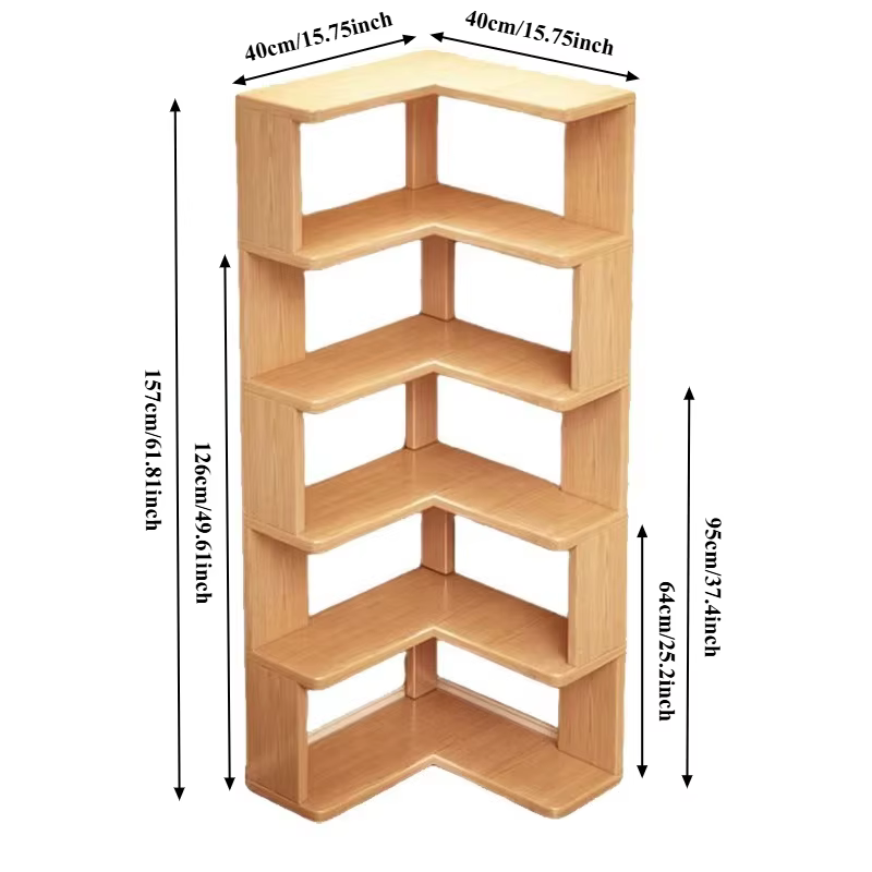 Bibliothèque d'angle en bois multicouche, armoire d'angle, étagère de rangement au sol, étagère de rangement, décorations pour la maison