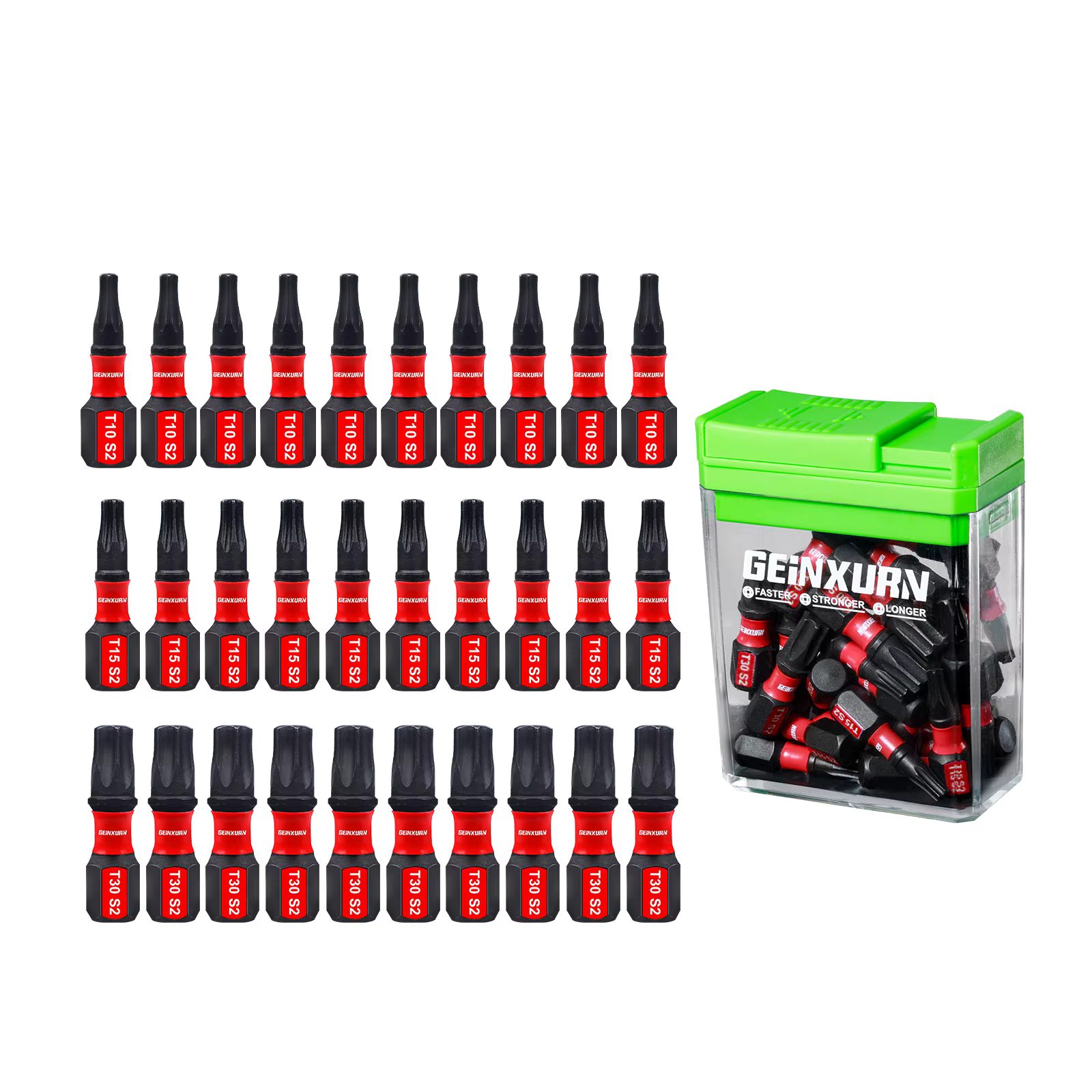 Geinxurn 30 embouts multi-conducteurs magnétiques Torx en acier S2 à impact avec boîte colorée de rangement (vert