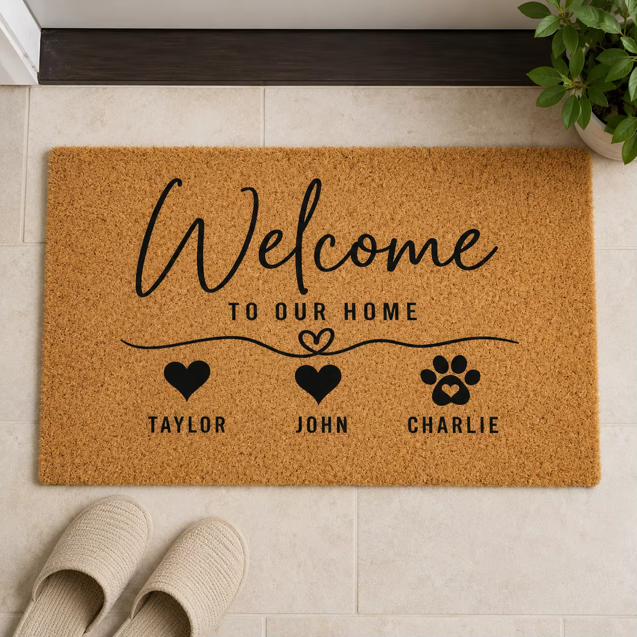 Tapis de porte personnalisé avec nom, aspect fibre de coco, tapis de bienvenue pour la famille et les animaux, antidérapant, pour l'entrée de la maison, décoration extérieure