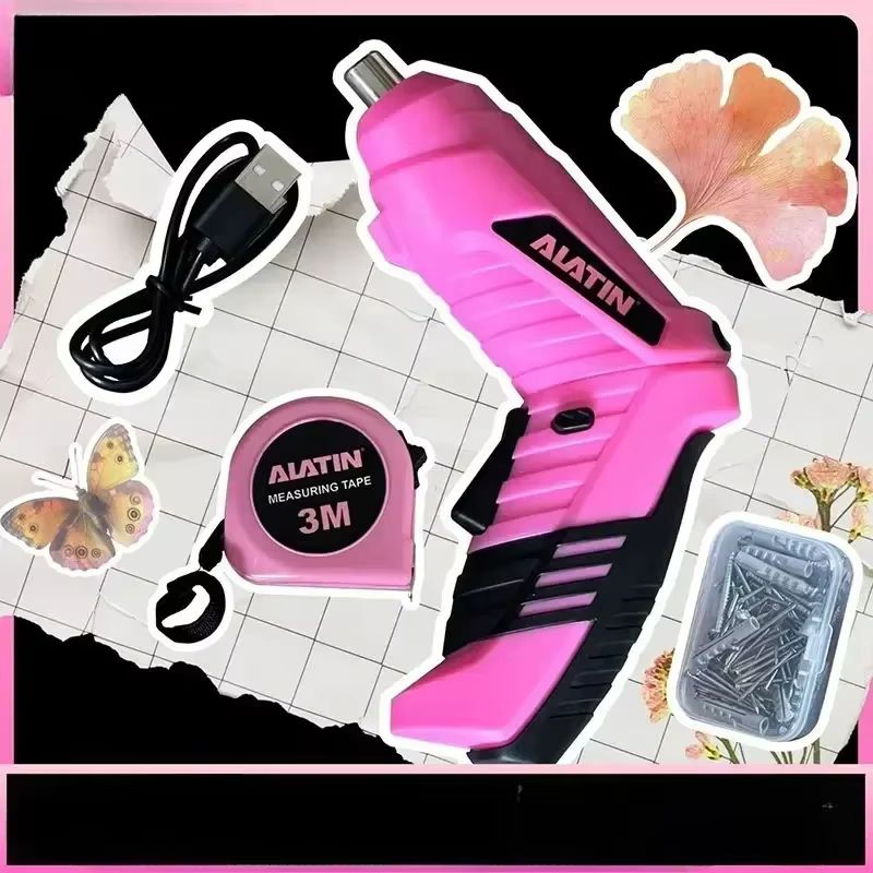 Boîte à Outils Domestique Rose avec Marteau et Tournevis à Batterie au Lithium pour Femme