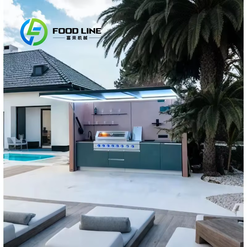 Îlot de cuisine extérieur modulaire personnalisé sur remorque avec évier, armoire de rangement et station de cuisson BBQ pour jardin