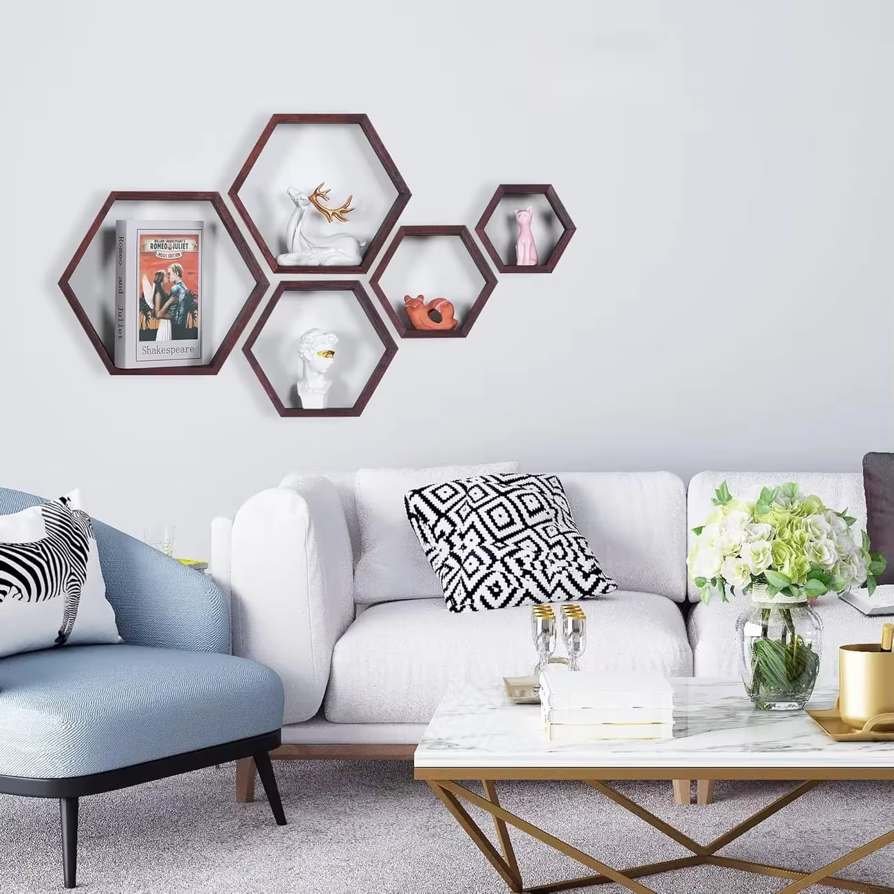 Nouvel arrivage : Ensemble d'étagères flottantes hexagonales et unités de rangement murales en bois massif en nid