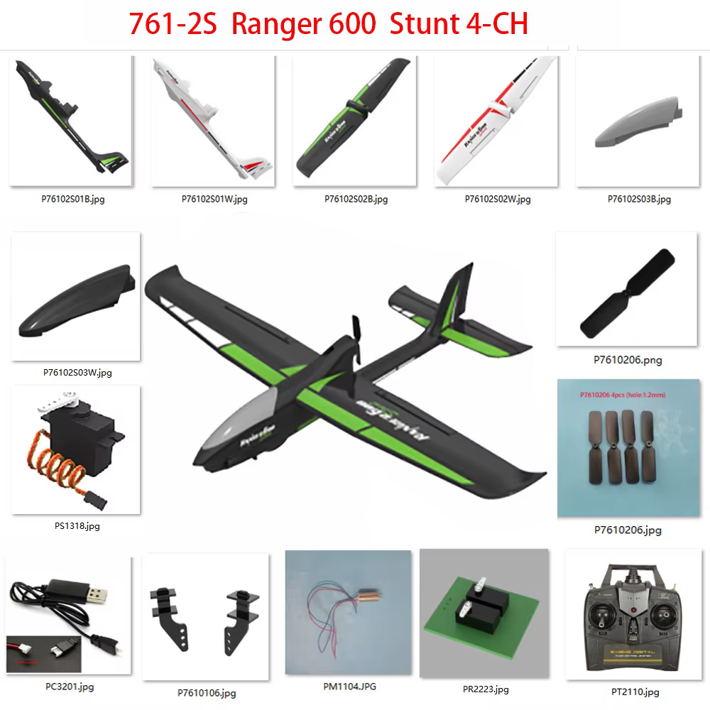 Pièces d'avion RC 761-2S Ranger 600 Stunt 4 canaux : hélices, servomoteurs, boîte de vitesses, moteur, récepteur, chargeur, etc.