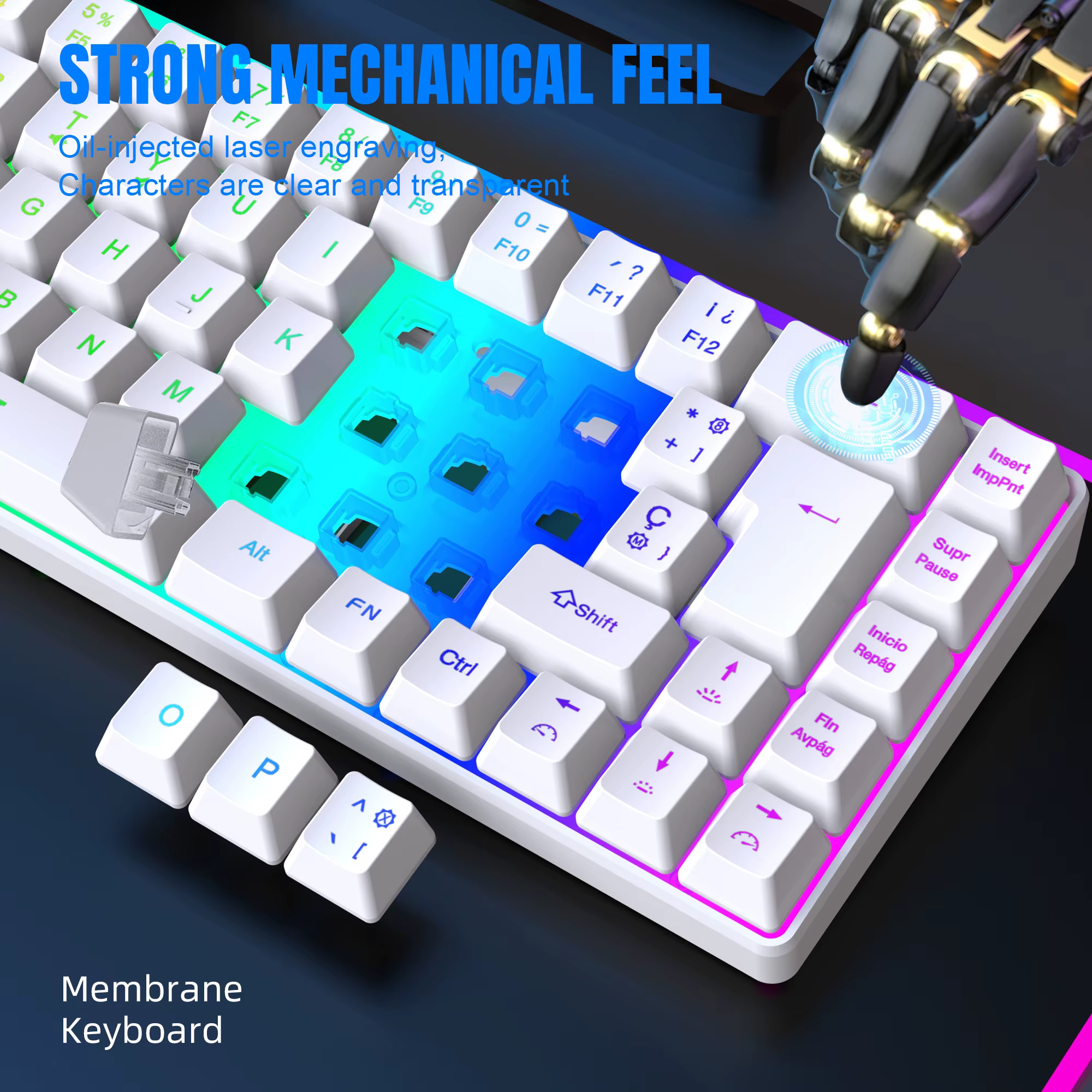 68 touches clavier de jeu USB filaire Portable 20 RGB rétro-éclairage coréen russe anglais