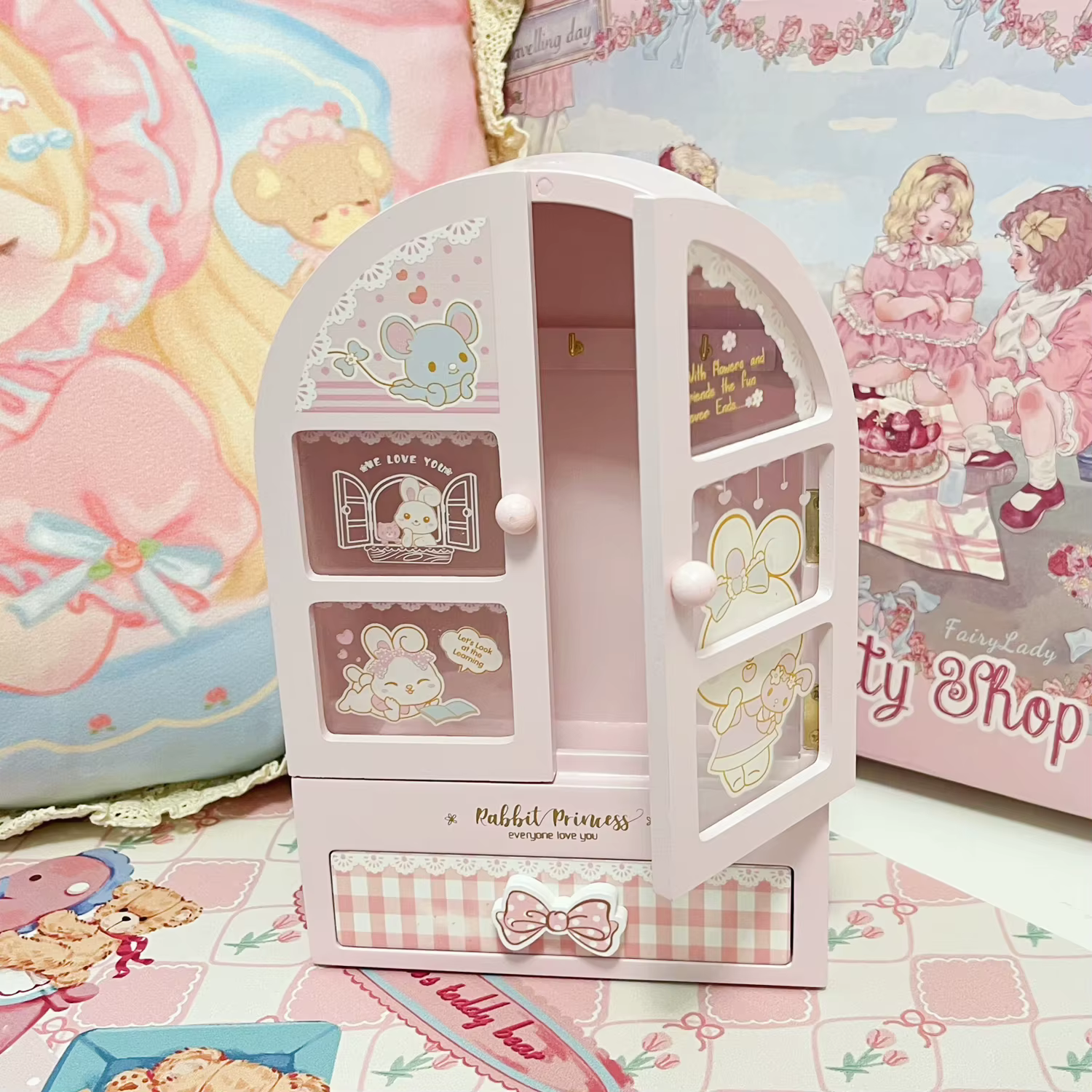 Boîte de rangement cosmétique en bois rose