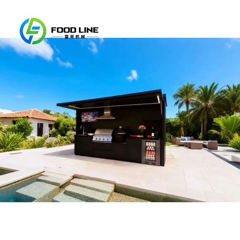 Îlot de cuisine extérieur modulaire personnalisé sur remorque avec évier, armoire de rangement et station de cuisson BBQ pour jardin