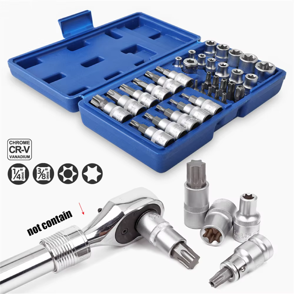 Jeu de 34 douilles à cliquet Torque Wrlike Torx Star